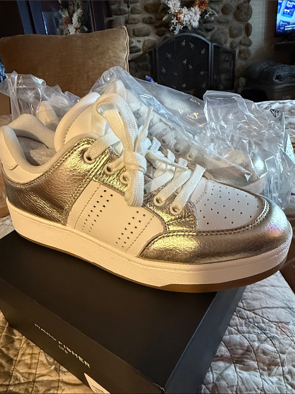 Marc Fisher Ivory and Metallic Silver Low-Top Sneakers NIB